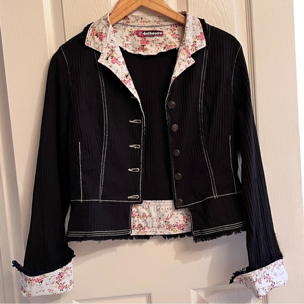 VTG Dollhouse Womens Blazer Jacket sz M buttons black w/contrast collar and cuff